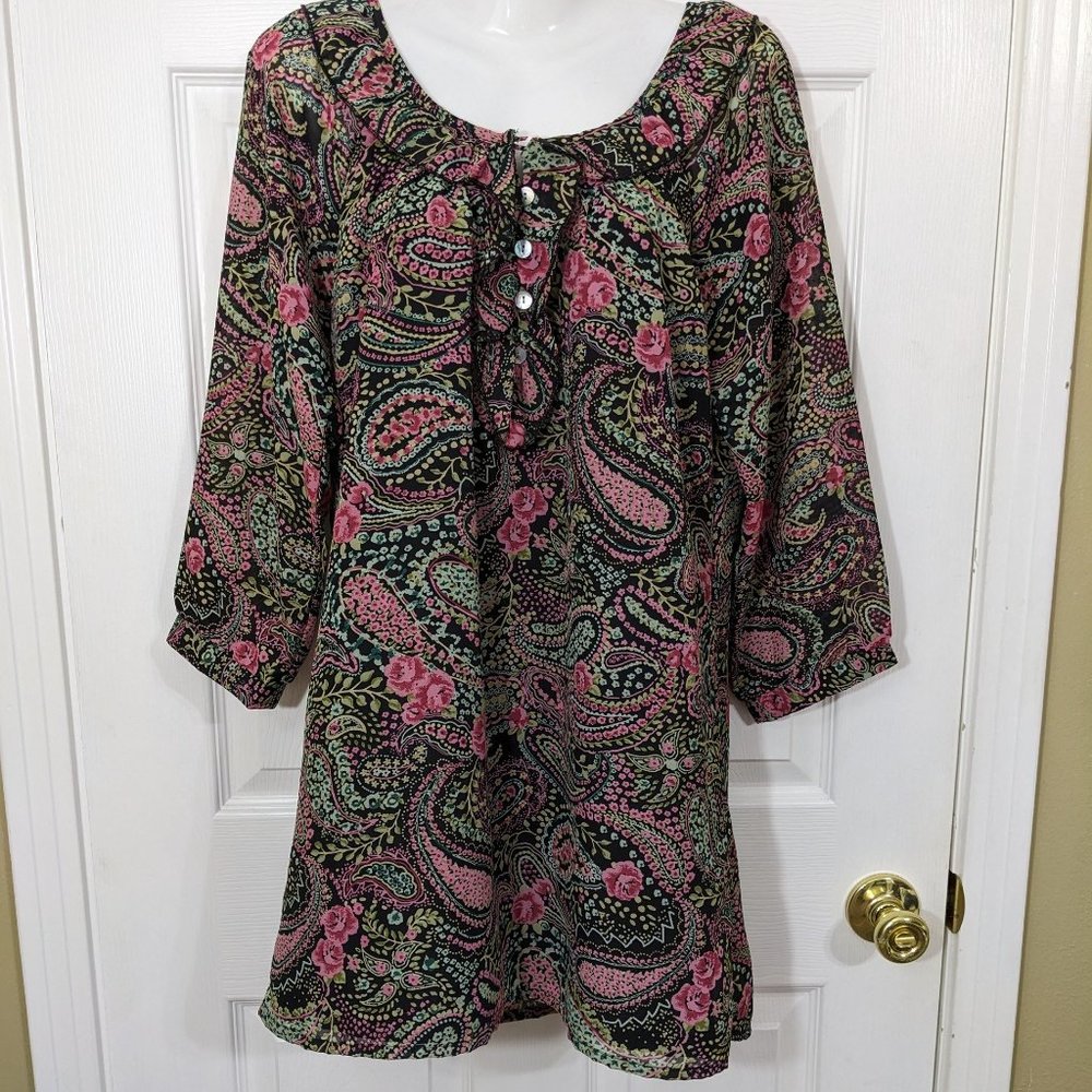 Roper Wear The West Black Floral & Paisley Print Ruffle Front Dress-size M NWOT